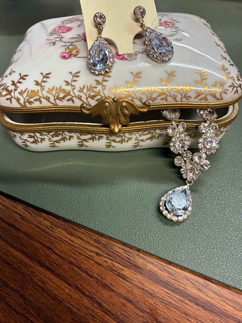 Bundle :) Vintage Made in France Porcelain Jewelry Box + Rhinestone jewelry set!